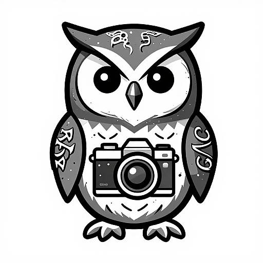 Cute black-and-white digital cartoon of an owl with large eyes, holding a camera in front of its chest. The owl features tribal patterns on its