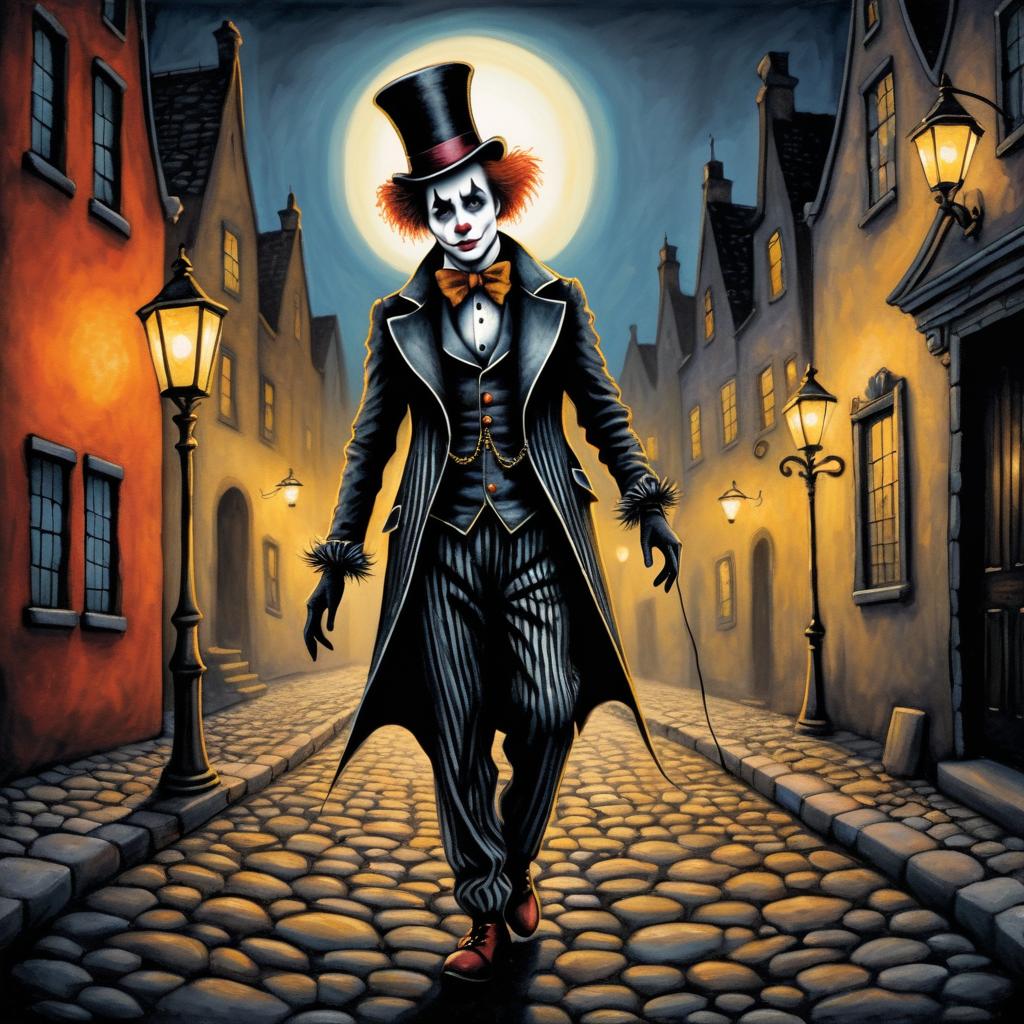 Somber Clown in Whimsical Gothic Scene