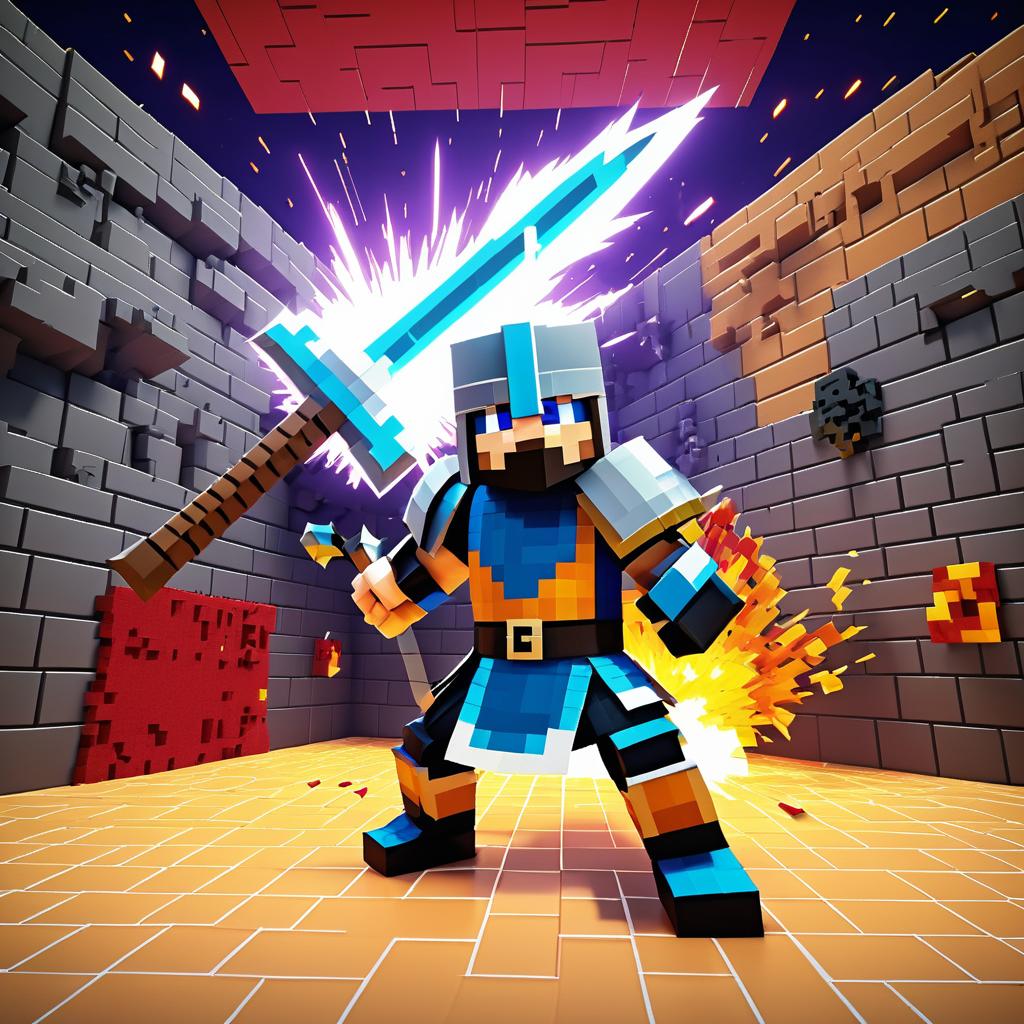 Knight in Action with Explosive Minecraft Background