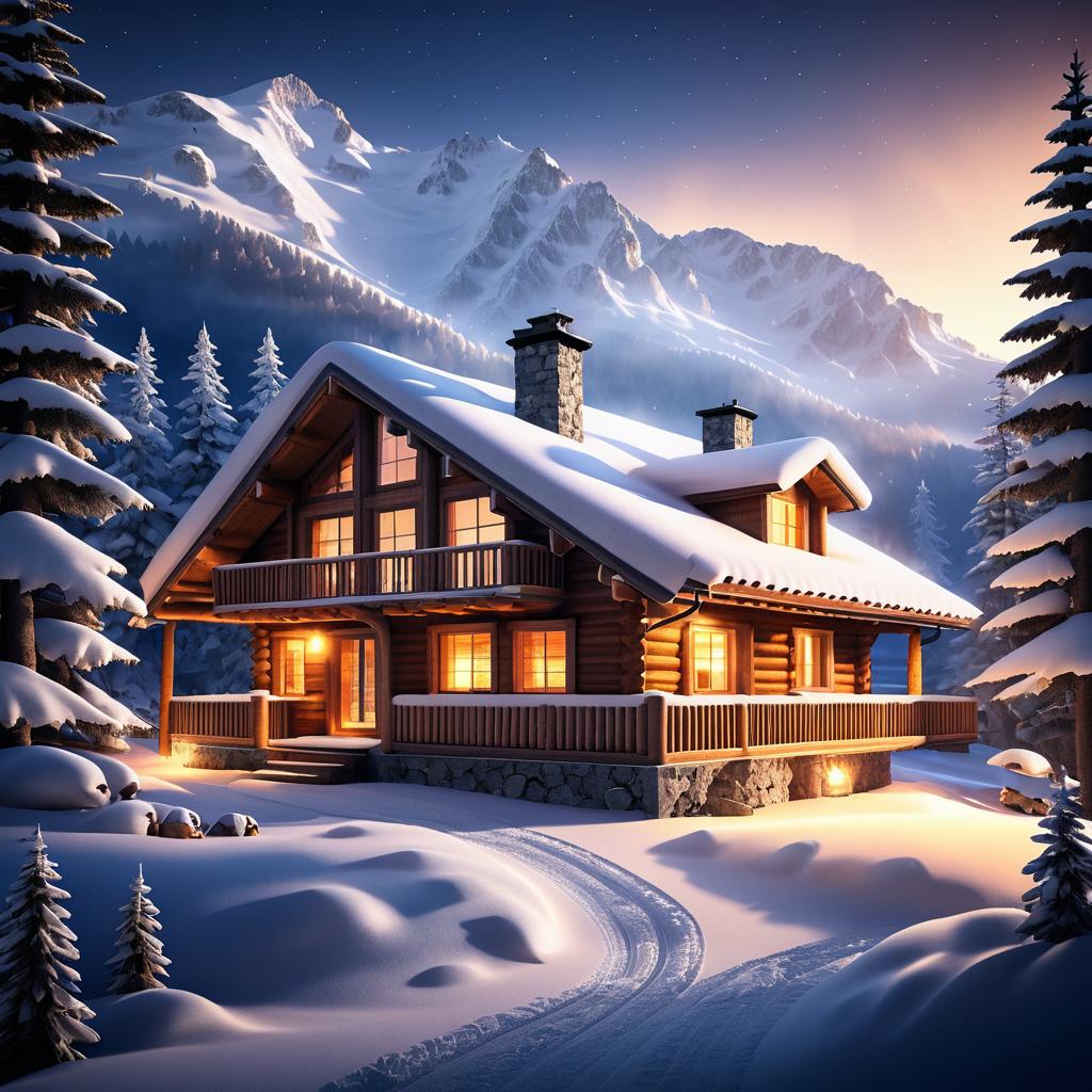 Cozy Winter Cabin in Snowy Mountains