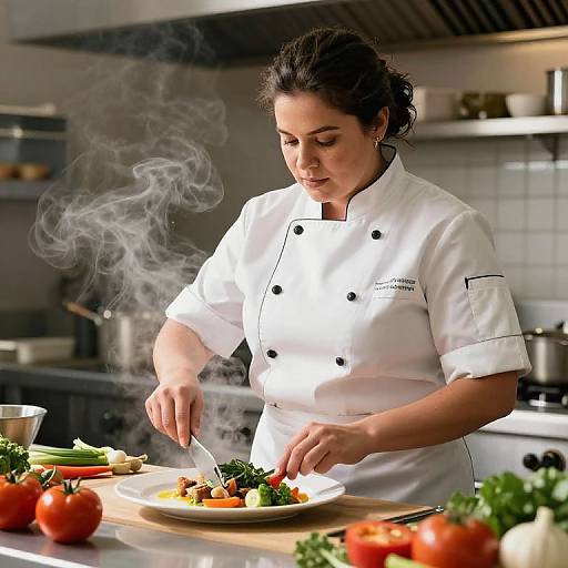 Photograph of a focused, dark-haired female chef in a white double-breasted chef coat, slicing vegetables on a plate, with steaming food and