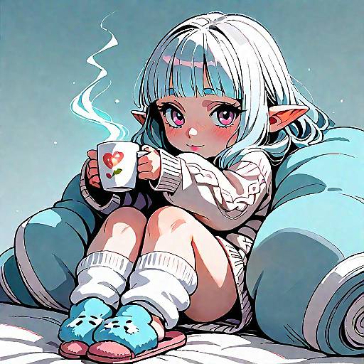 Cozy Hime-Cut Girl Lounging at Home