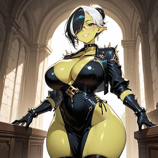 Digital anime-style drawing of a busty, curvy woman with black-and-white hair, wearing a revealing black leather outfit, standing in a sunlit,