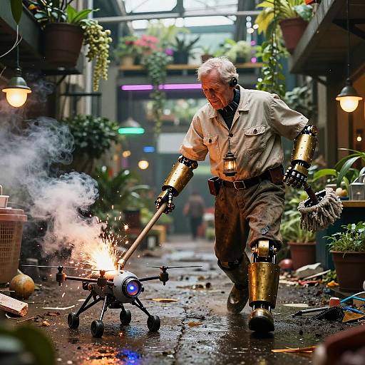 Elderly Janitor Robot Activating Repair Drone