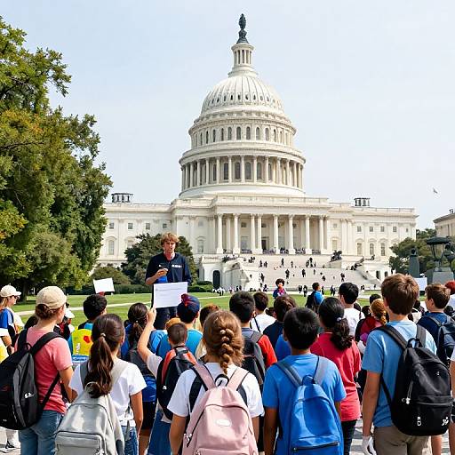 Photograph of diverse crowd with backpacks and signs in front of the white, dome-topped Capitol Building on a sunny day.