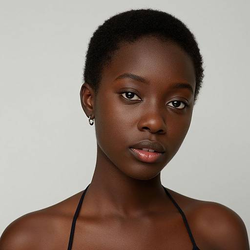 Photograph of a young Black woman with short, natural hair, dark skin, and subtle makeup, wearing a black halter top, against a plain