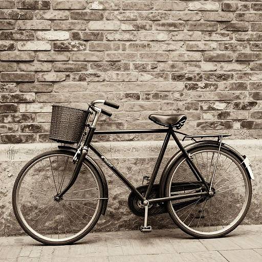 Sepia-toned photograph of a vintage black bicycle with a wicker basket, leaning against a rustic brick wall on a paved sidewalk.