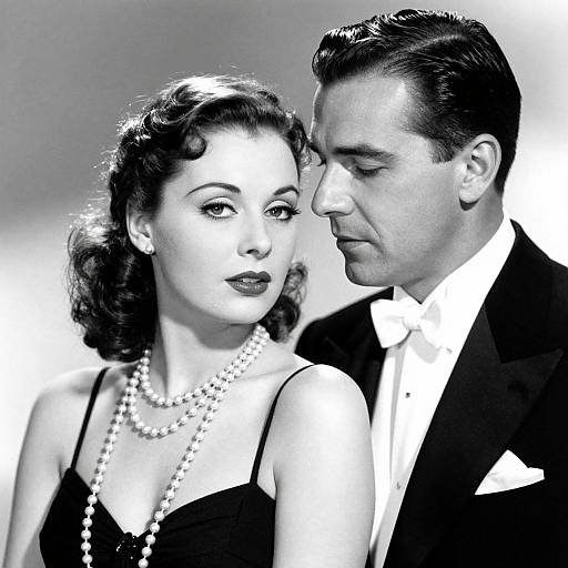 Black-and-white photograph of a 1940s-style couple; woman with wavy hair, pearl necklace, black dress; man in tuxedo