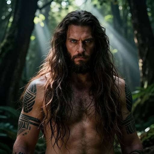 Photograph of a muscular, shirtless man with long, wet, dark hair and tribal tattoos, staring intently in a sunlit forest.