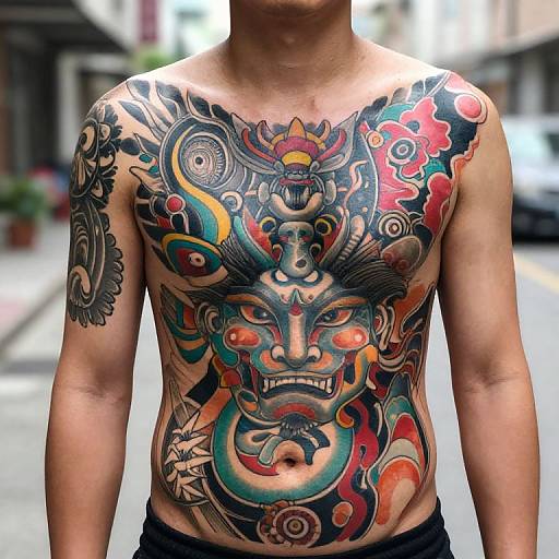 Bold Mythical Full Chest Tattoo Portrait