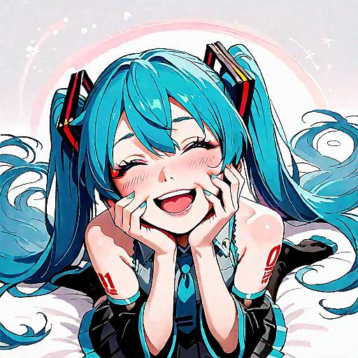 Happy Aqua-Haired Anime Girl Sitting