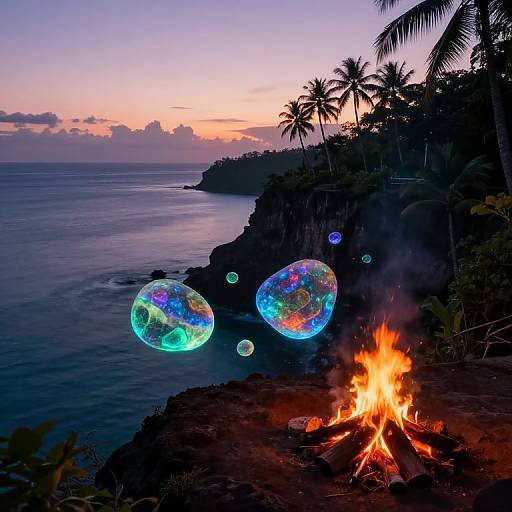 Photograph of a tropical coastline at sunset with glowing, iridescent bubbles near a burning fire, silhouetted palm trees, and a calm