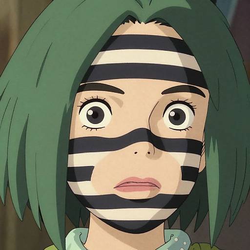 Anime-style close-up of a green-haired woman with wide eyes, black-and-white striped face paint, and a surprised expression. Digital medium.