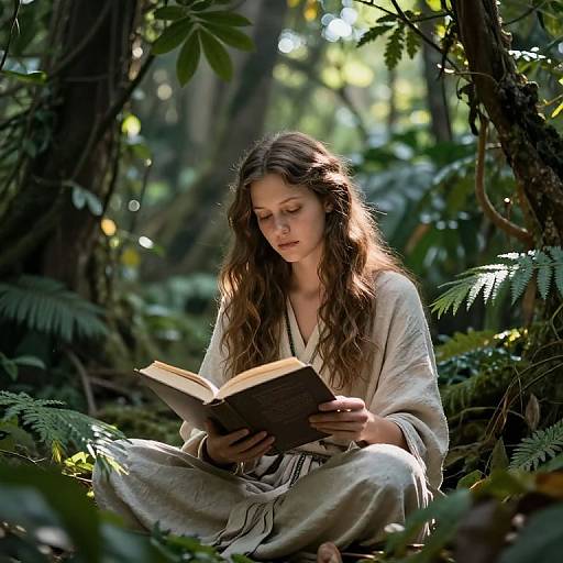 Photograph of a long-haired, fair-skinned woman in a white, loose dress, sitting in a sunlit forest, reading an open book amidst