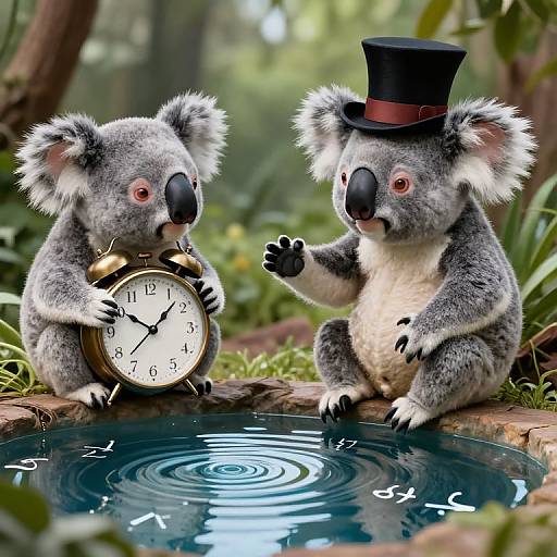 Photorealistic CGI of two gray koalas with white fur, one holding a vintage alarm clock, the other wearing a top hat, sitting by