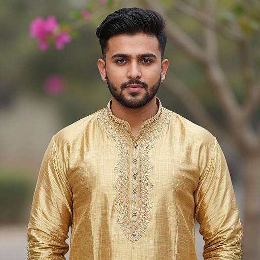 Photograph of a handsome young South Asian man with a dark beard, wearing a shiny gold traditional long kurta, standing outdoors with a blurred green and