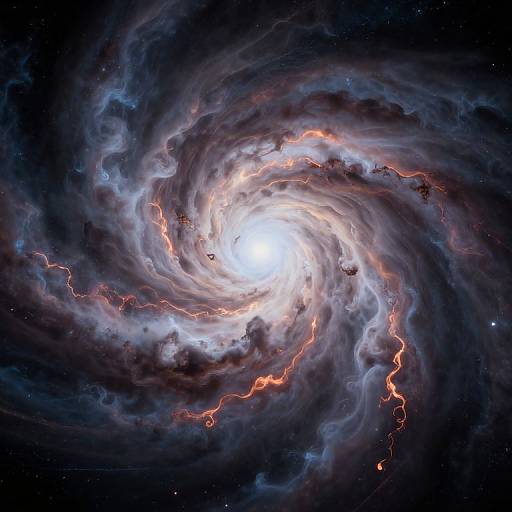 Photograph of a swirling galaxy with a bright white core, surrounded by swirling dark and light blue clouds, accented by vivid red-orange lightning-like streak