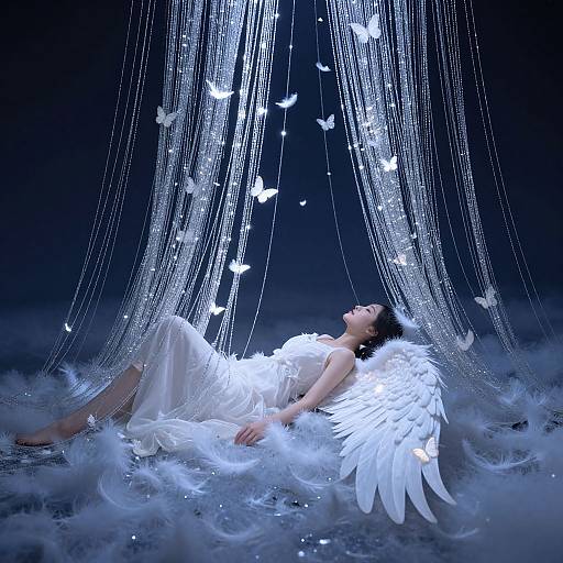 Photograph of an angelic woman with white wings, lying on a cloudy surface, surrounded by glowing white feathers and illuminated bead curtains, in a dark