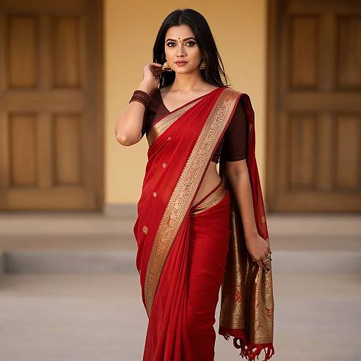 Photograph of an Indian woman with long black hair, wearing a red saree with gold border, standing confidently, hand near face, wooden doors in