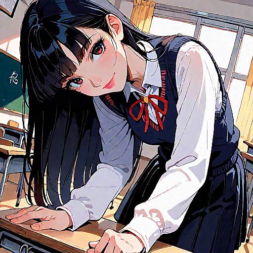 Anime Schoolgirl Smiling in Classroom
