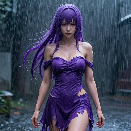 Digital artwork of a wet, purple-haired woman with large breasts in a tattered purple dress, walking in heavy rain, intense expression, dark, rainy