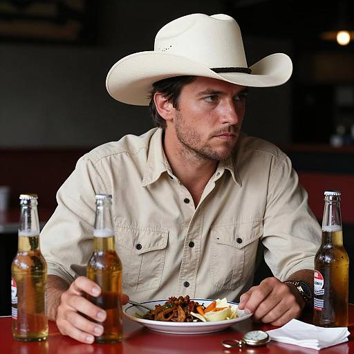 Intense Cowboy at a Red Table