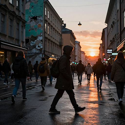 Photograph of a city street at sunset, silhouetted pedestrians, including a person in a coat and hood, walking on a wet, reflective