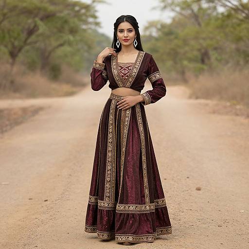 Photograph of a South Asian woman with black hair, wearing a maroon and gold embroidered traditional long dress, standing on a rural dirt road with trees