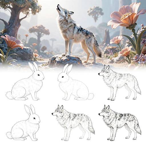 Ethereal Wolf Line Art Surreal Landscape