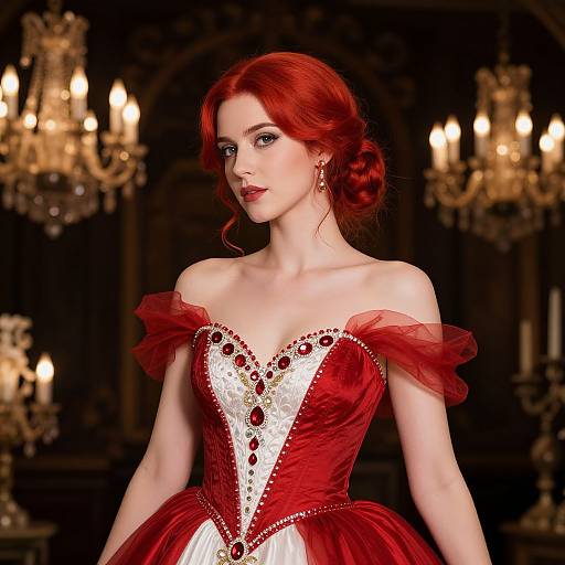 Photorealistic digital portrait of a red-haired woman in a red and white, gem-embellished off-shoulder ball gown, set against