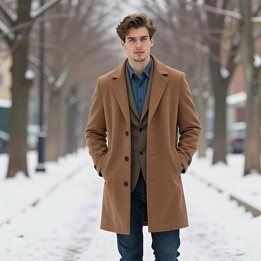 Stylish Man Wearing Brown Coat in Winter Park