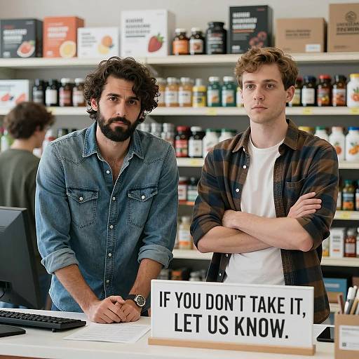 Two Men at a Cluttered Store Counter