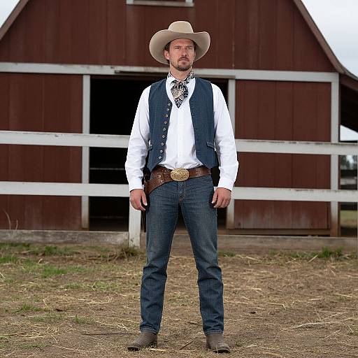 Photograph of a bearded white cowboy in a white shirt, blue vest, jeans, and brown belt with gold buckle, standing in front of a