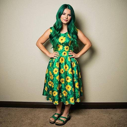 Woman in Green Floral Dress with Green Hair