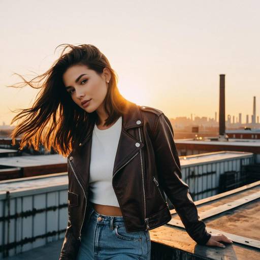 Fashionable Woman on Industrial Rooftop at Sunset