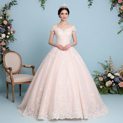 Photograph of a beautiful bride in an off-shoulder, white lace wedding gown, tiara, standing against a light blue background with floral arrangements