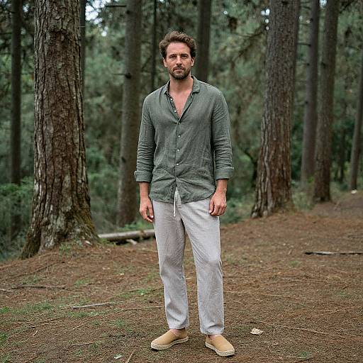 Photograph of a bearded man with short brown hair, wearing a green button-up shirt, white pants, and beige shoes, standing in a forest