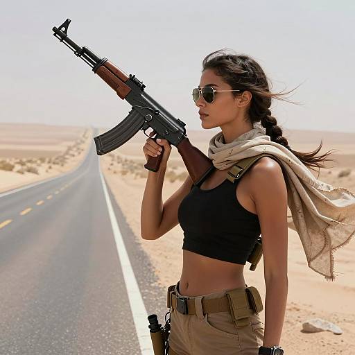 Woman with AK-47 in Desert Road