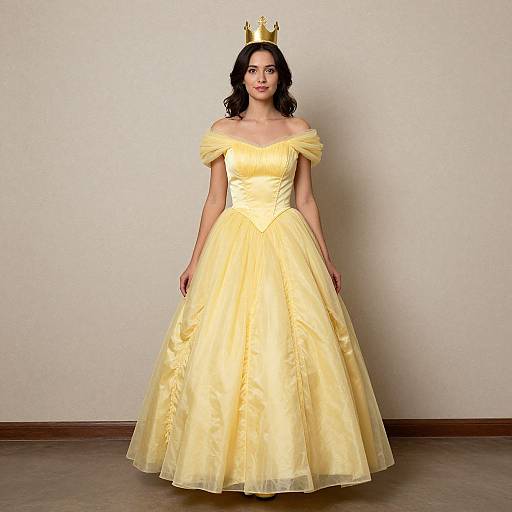 Photograph of a woman with dark hair wearing a golden yellow off-shoulder ball gown and gold crown, standing against a plain beige wall.