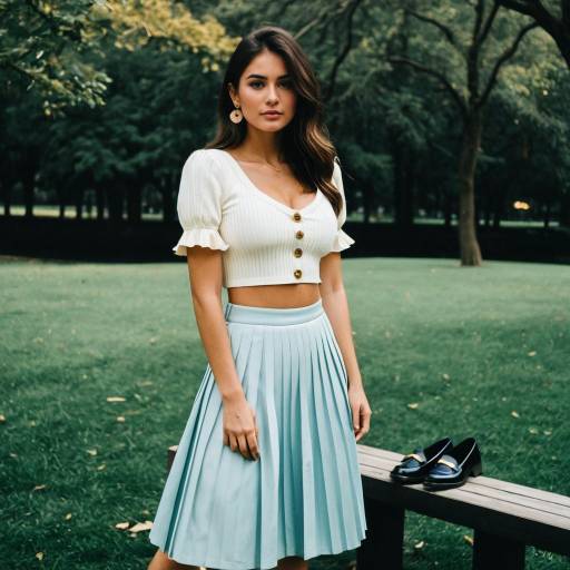 Woman in Ivory Crop Top and Pastel Blue Pleated Skirt in Park