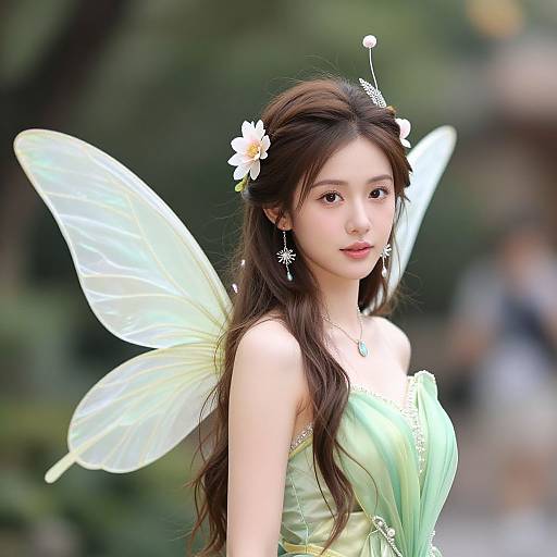 Photograph of an Asian woman with long brown hair, wearing a green fairy dress, white flower hairpiece, and translucent green wings, standing against a