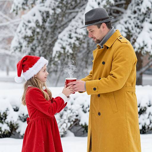 Photograph of a man in a yellow coat and black hat, handing a steaming red mug to a smiling woman in a red Santa dress and hat