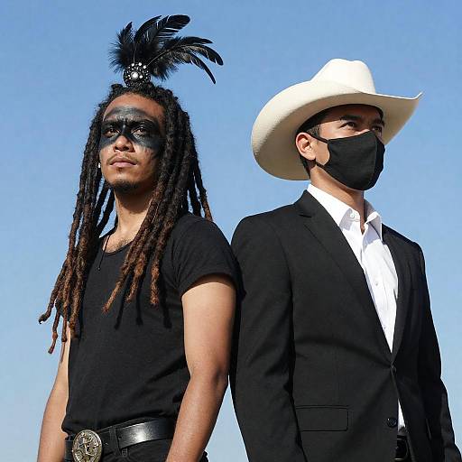 Two Men in Unique Dress Against Blue Sky