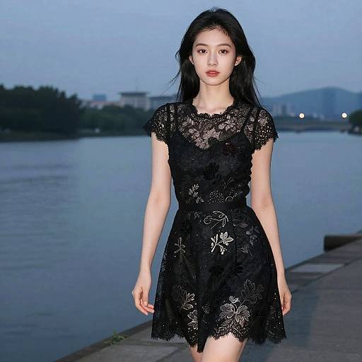 Photograph of an East Asian woman with long black hair, wearing a black lace dress with floral patterns, walking by a calm river at dusk.