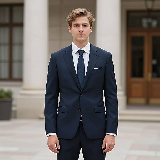 Photograph of a young Caucasian man with light brown hair, wearing a dark navy suit, white shirt, and black tie, standing in front of a