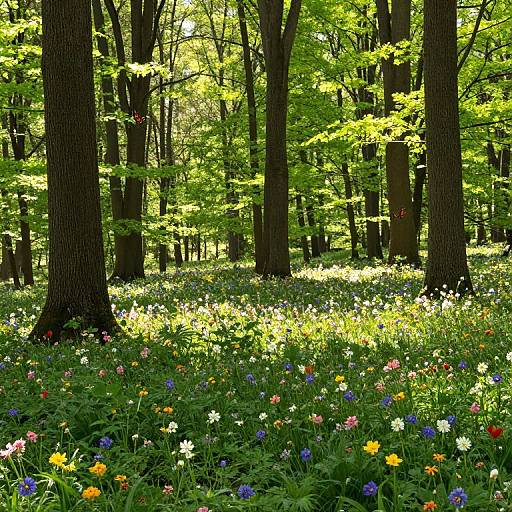 Photograph of a sunlit forest with tall, dark brown trees and a vibrant carpet of colorful wildflowers, including blue, white, yellow, and