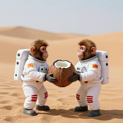 Photorealistic CGI of two cartoonish monkeys in white space suits, holding a coconut in a desert landscape with sand dunes.