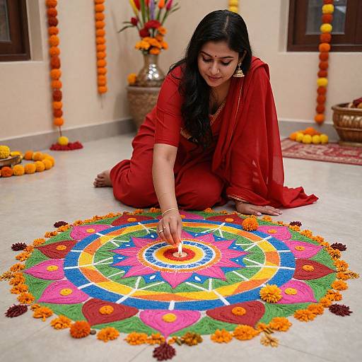 Woman Placing Candle on Colorful Rangoli