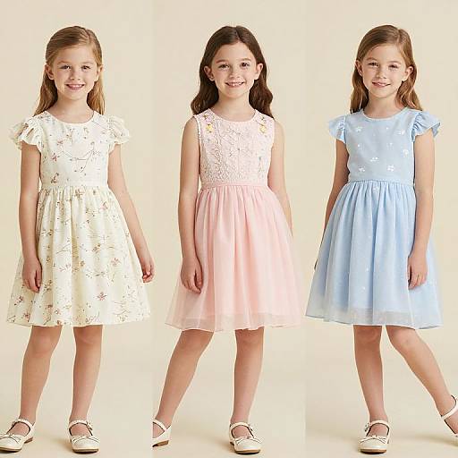 Photograph of three young girls, standing side by side, wearing white, pink, and light blue dresses, smiling, against a plain white background.