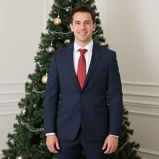 Photograph of a smiling young man with short brown hair in a navy suit, white shirt, and red tie, standing in front of a decorated Christmas